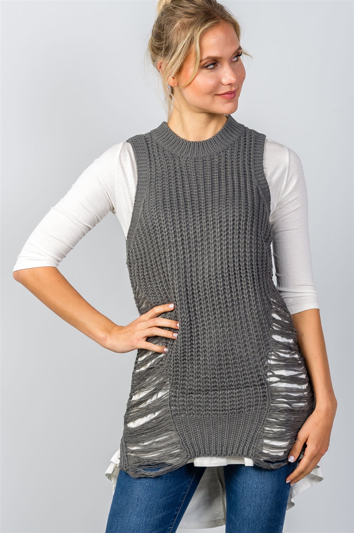 Ladies fashion round neckline sleeveless sweater knit distress sides dress