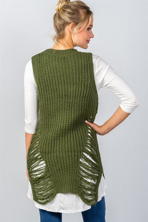 Ladies fashion round neckline sleeveless sweater knit distress sides dress