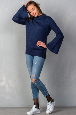 Ladies fashion mock neck solid flare sleeve knit sweater