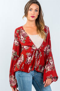 Ladies fashion red and floral print long sleeve tie front top