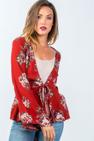Ladies fashion red and floral print long sleeve tie front top