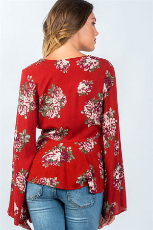 Ladies fashion red and floral print long sleeve tie front top