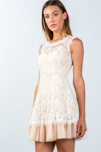 Ladies fashion sleeveless lace contrast tulle hem mini dress