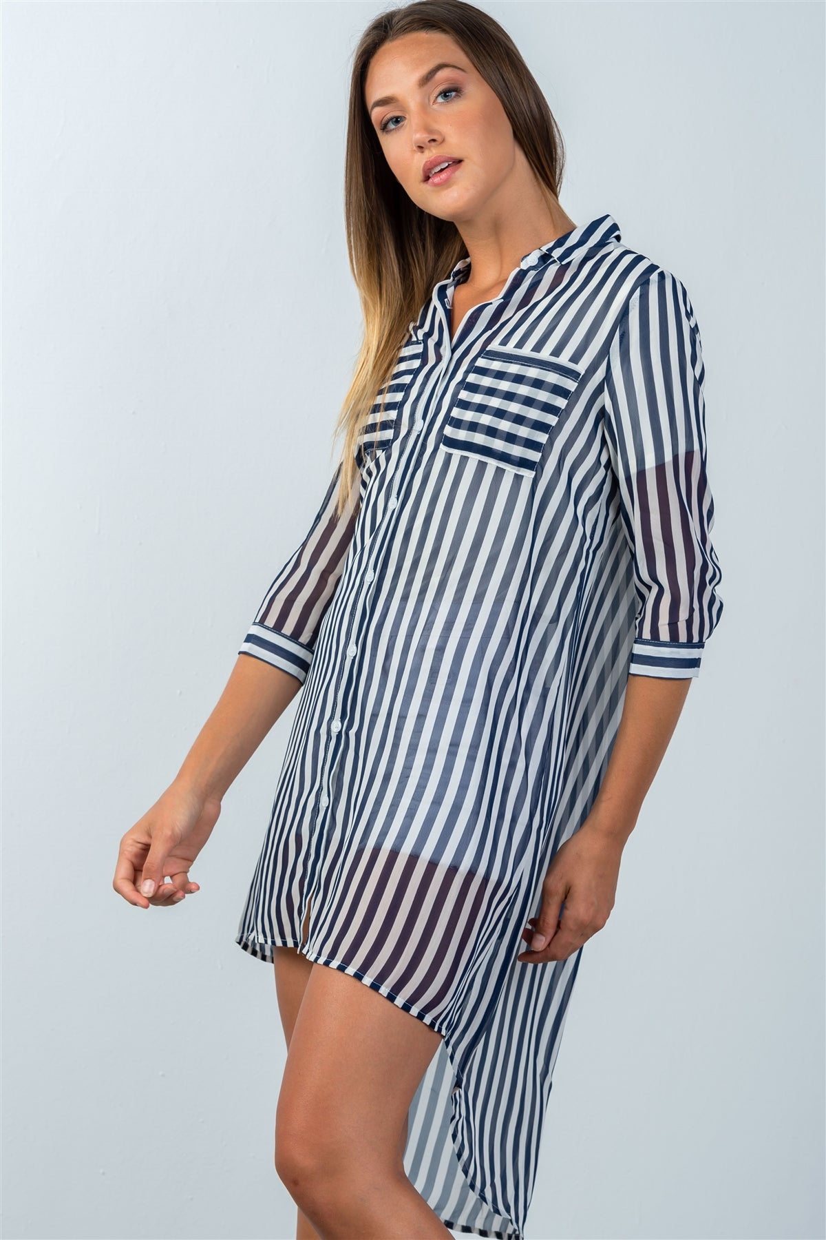 Ladies fashion 3/4 sleeve  semi sheer striped hi-low blouse