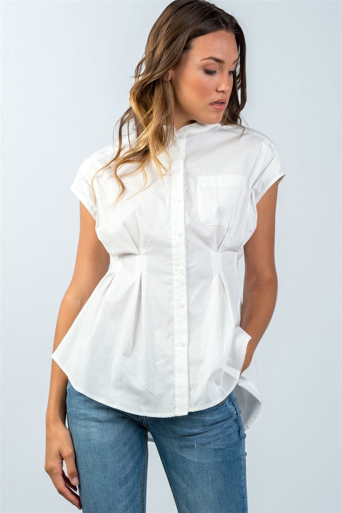 Ladies fashion round neckline white one pocket cap sleeve blouse
