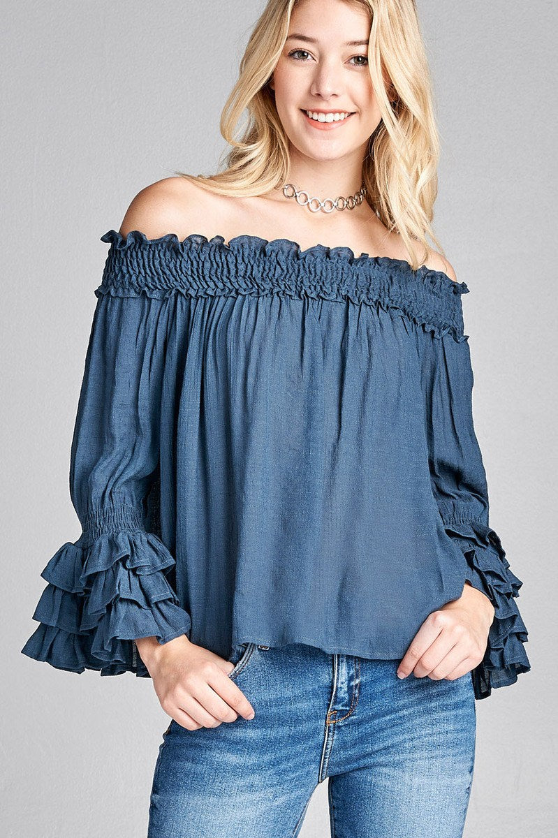 Ladies fashion long sleeve w/ruffle off the shoulder woven top