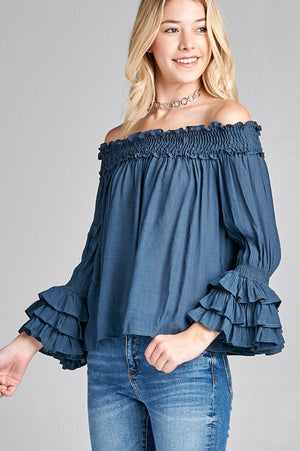 Ladies fashion long sleeve w/ruffle off the shoulder woven top