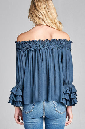 Ladies fashion long sleeve w/ruffle off the shoulder woven top