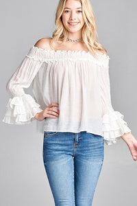 Ladies fashion long sleeve w/ruffle off the shoulder woven top