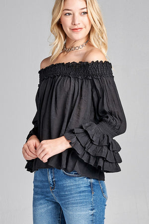 Ladies fashion long sleeve w/ruffle off the shoulder woven top