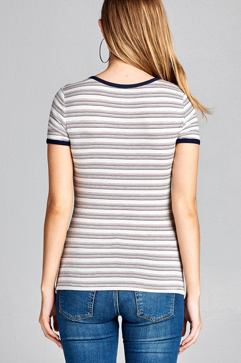 Ladies fashion short sleeve round neck yarn dye stripe rayon spandex jersey top