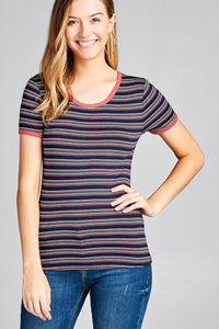 Ladies fashion short sleeve round neck yarn dye stripe rayon spandex jersey top
