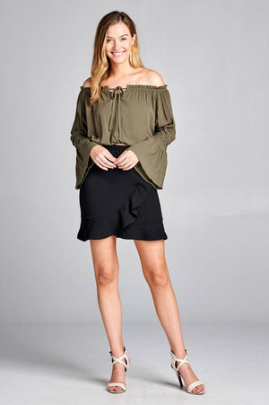 Ladies fashion long sleeve w/lace trim off the shoulder self tie front crinkle gauze woven top