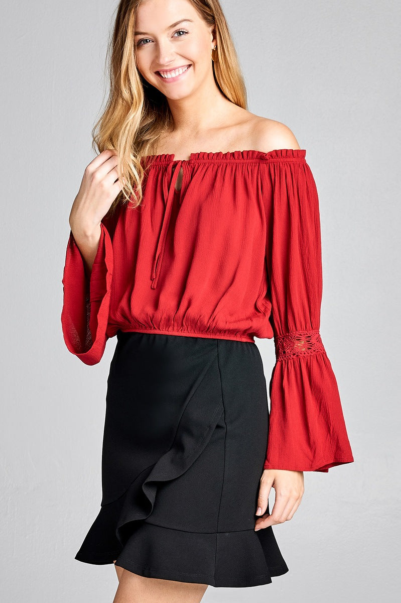 Ladies fashion long sleeve w/lace trim off the shoulder self tie front crinkle gauze woven top