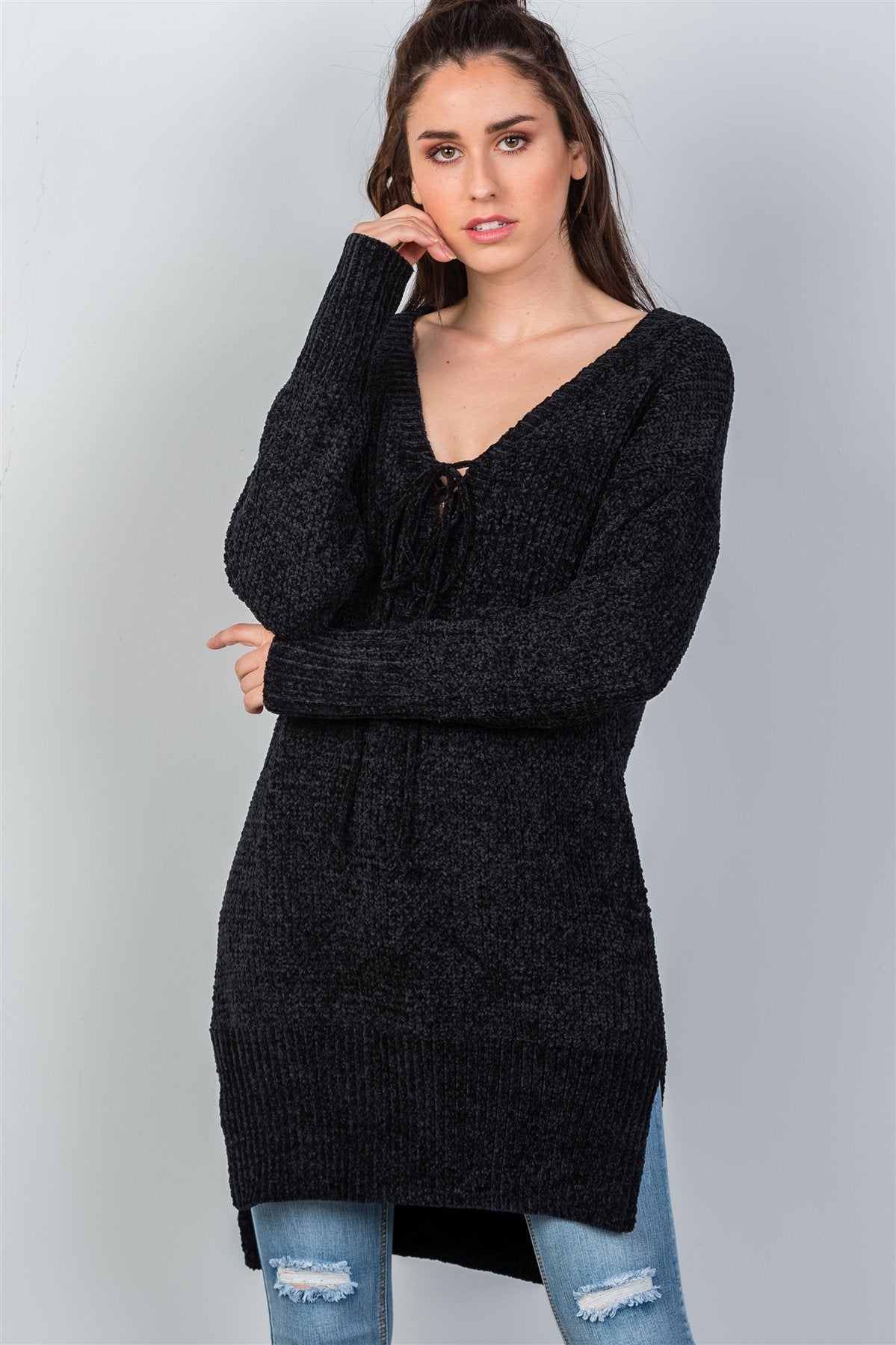 Ladies fashion black keyhole choker sweater dress