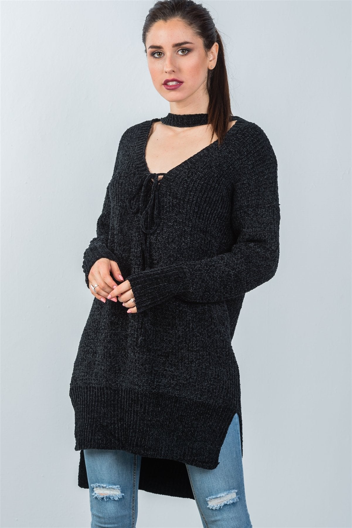 Ladies fashion black keyhole choker sweater dress