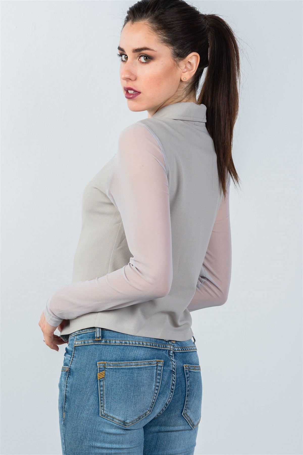 Ladies fashion grey mesh long sleeve double zipper front jacket