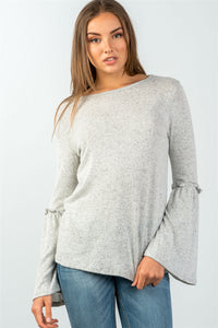 Ladies fashion grey comfy ruffle detail at elbow long bell sleeves top
