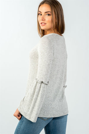 Ladies fashion grey comfy ruffle detail at elbow long bell sleeves top