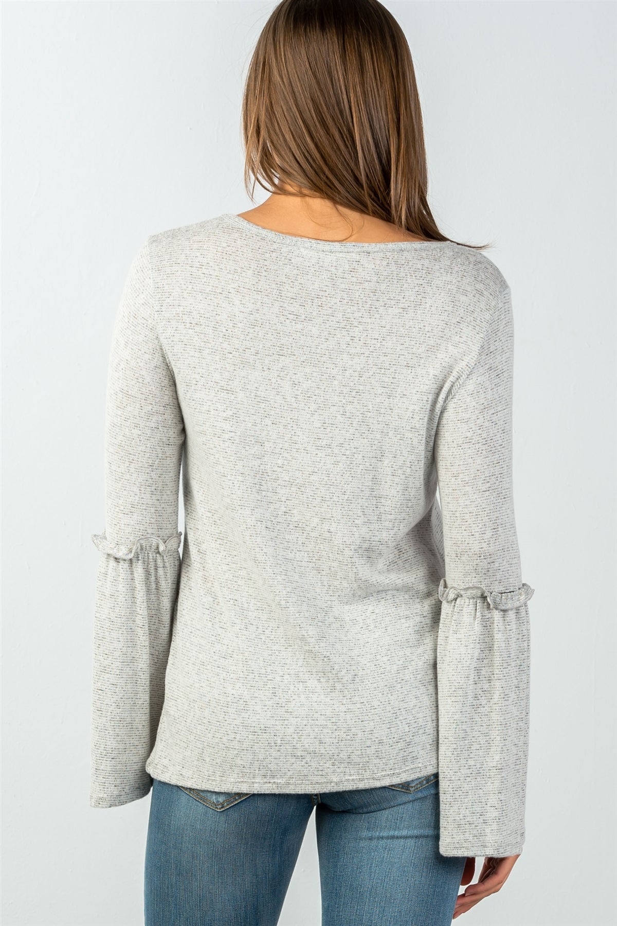 Ladies fashion grey comfy ruffle detail at elbow long bell sleeves top