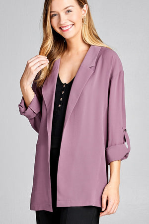 Ladies fashion 3/4 roll up sleeve open front woven jacket