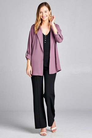 Ladies fashion 3/4 roll up sleeve open front woven jacket