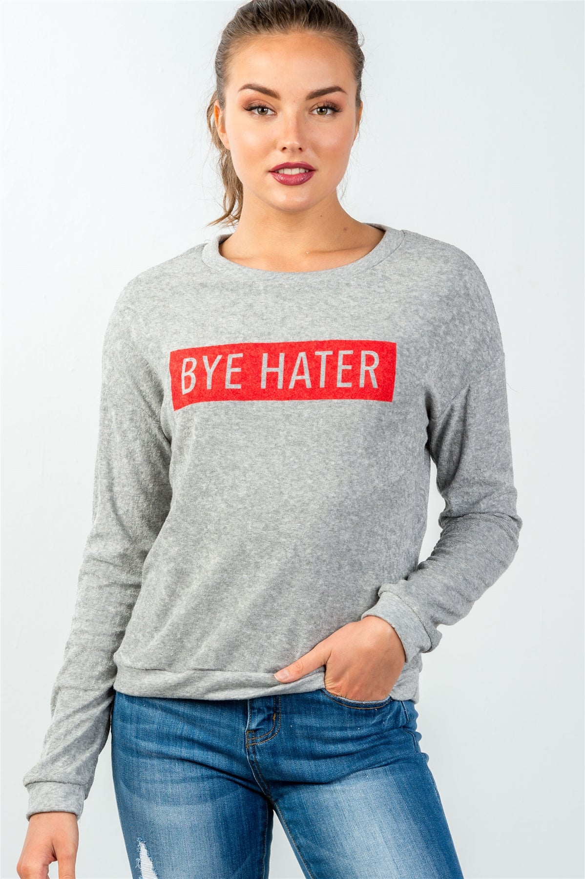 Ladies fashion crew neckline grey bye hater graphic sweatshirt