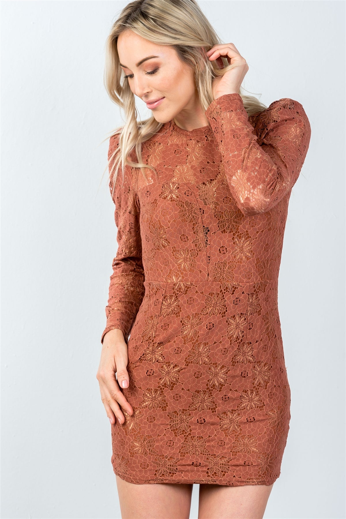 Ladies fashion toffee all floral lace gathered shoulder mini dress