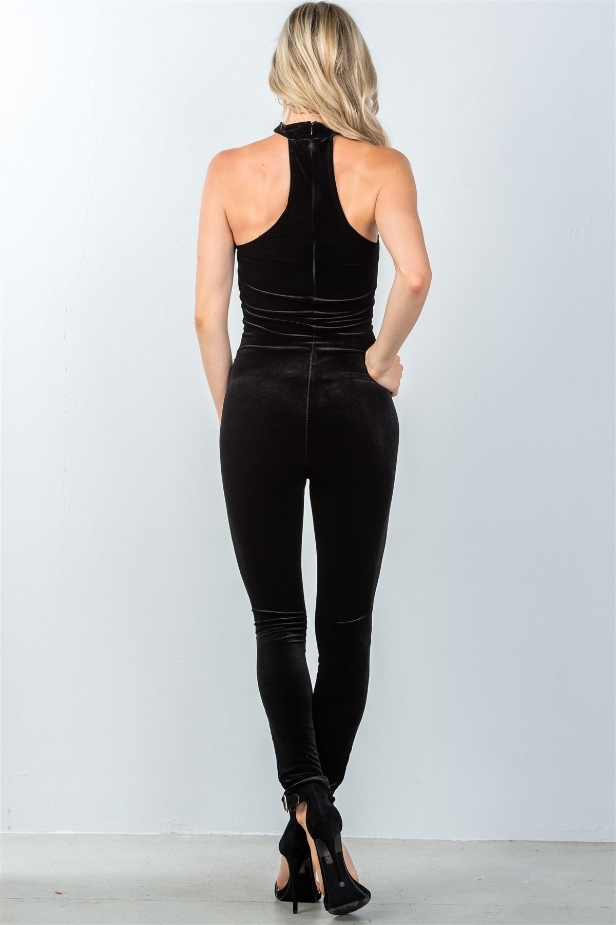 Ladies fashion zipper race back closure velvet choker jumpsuit