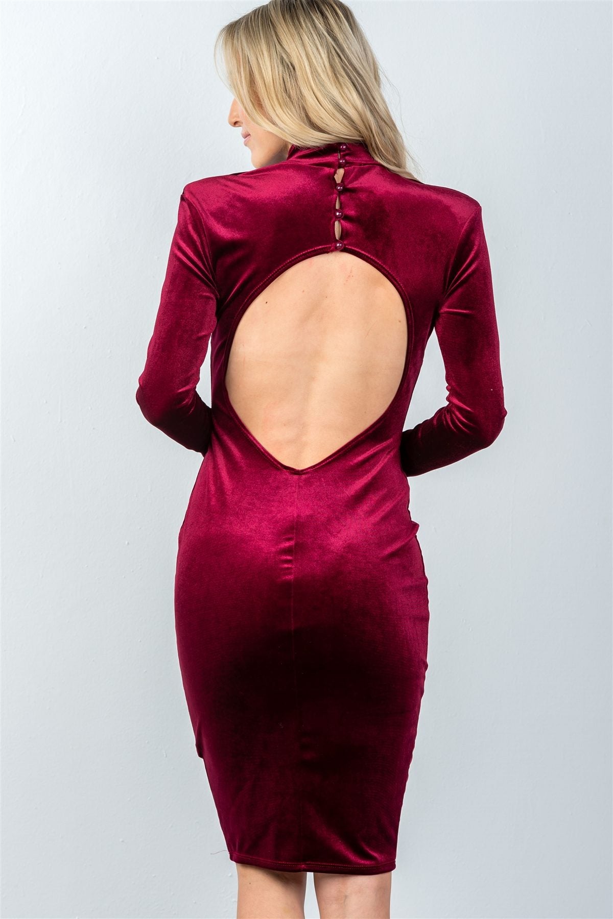 Ladies fashion long sleeve velvet burgundy key hole back midi dress