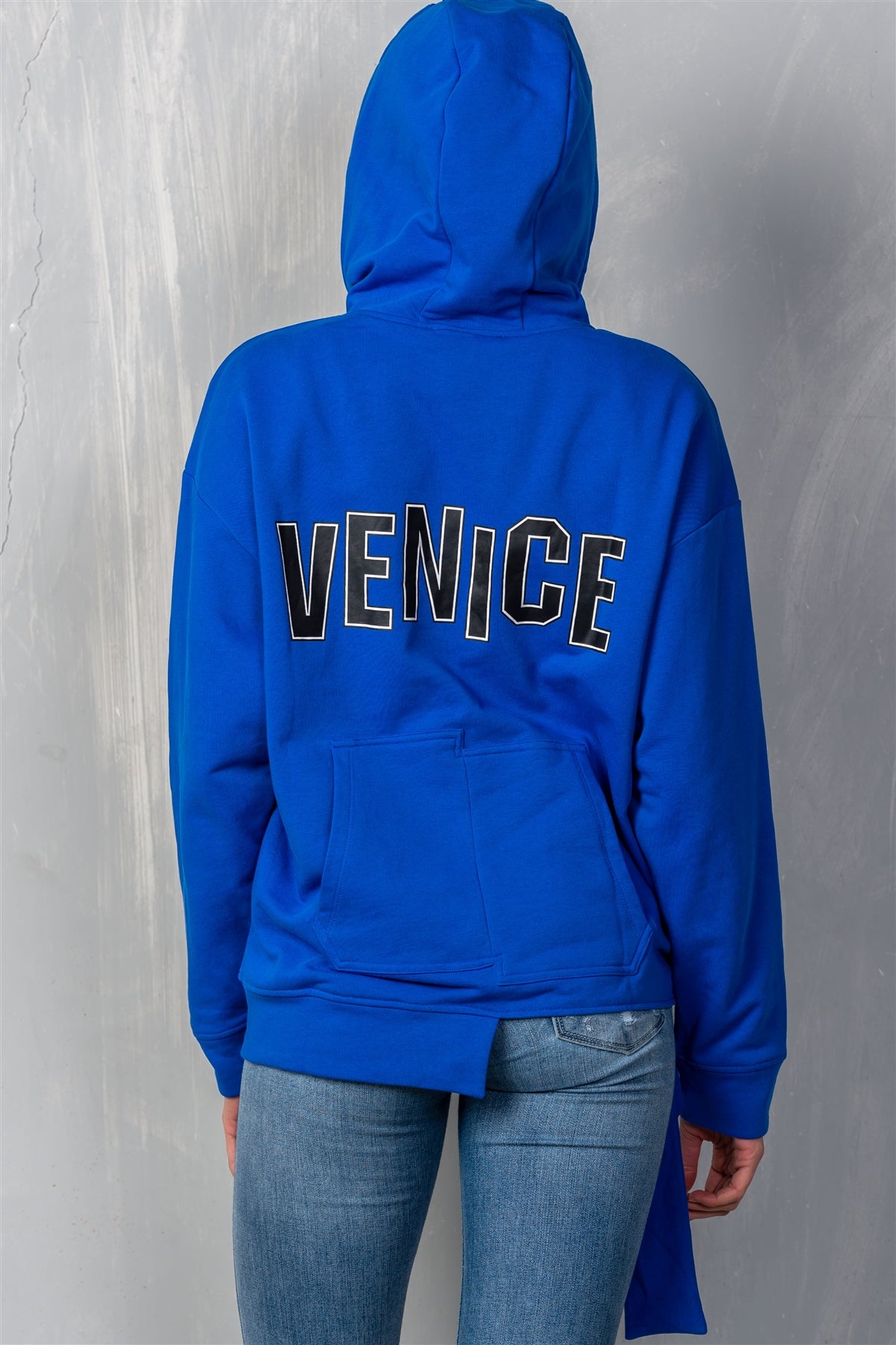 Ladies fashion uneven hem graphic "venice" pullover hoodie