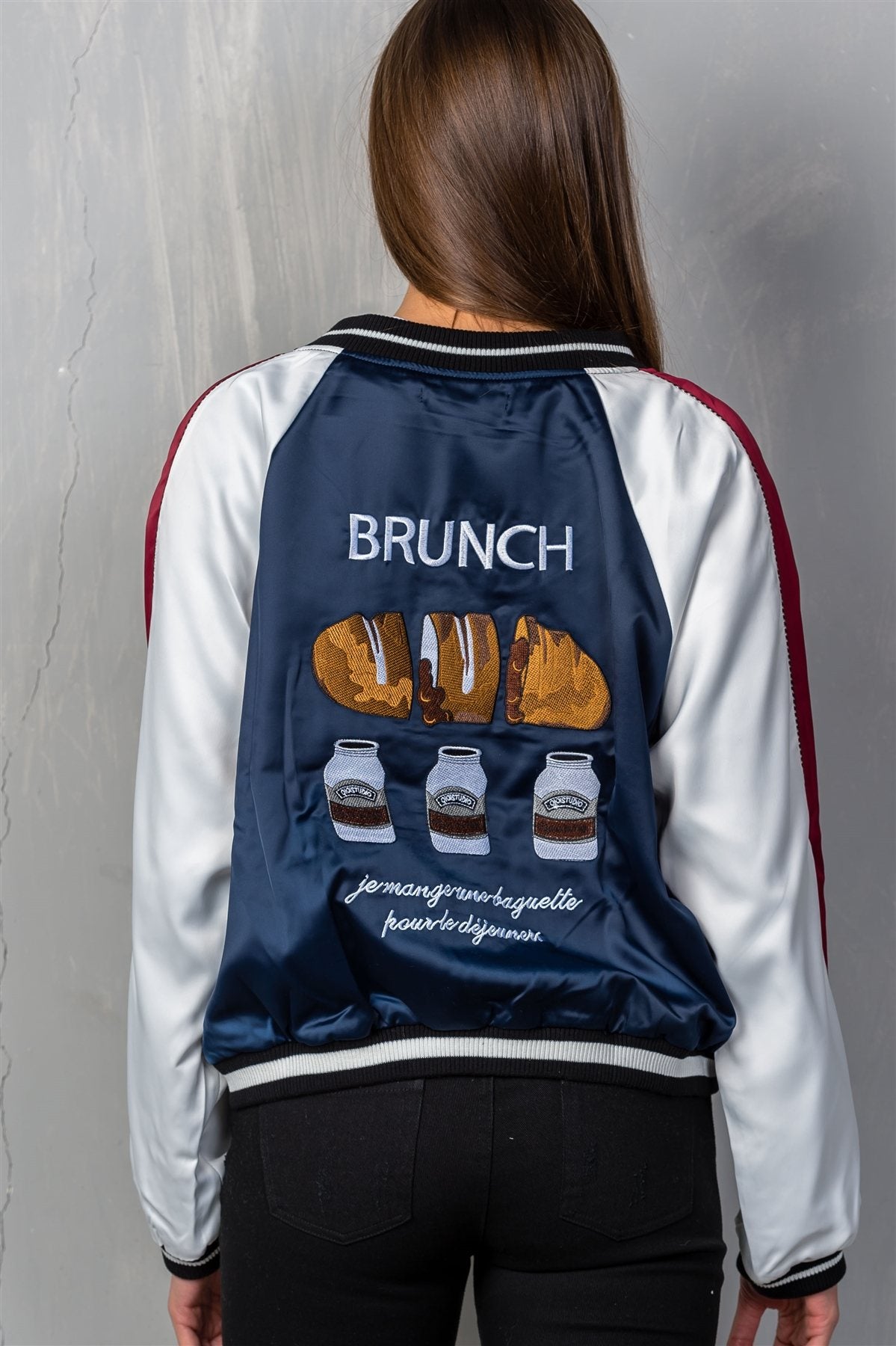Ladies fashion navy "brunch" embroidered bomber color-block jacket