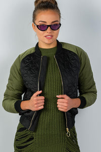Ladies fashion black & olive quilted bomber jacket