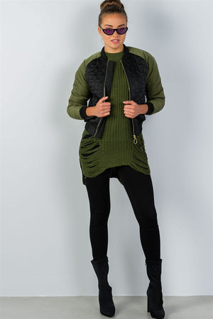 Ladies fashion black & olive quilted bomber jacket