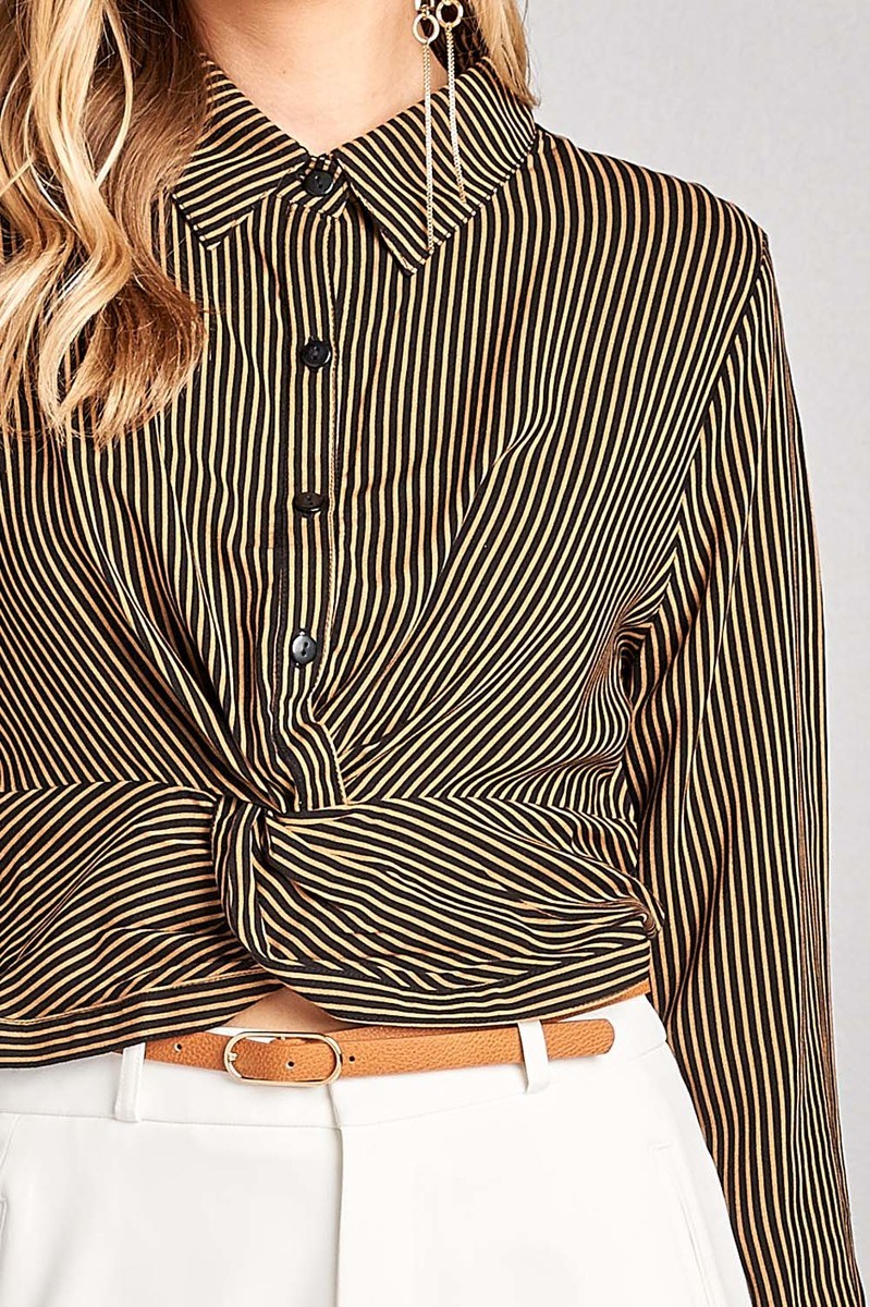 Ladies fashion long sleeve front knot w/button stripe rayon challis woven top