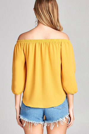 Ladies fashion 3/4 sleeve off the shoulder front self-tie crepe woven top