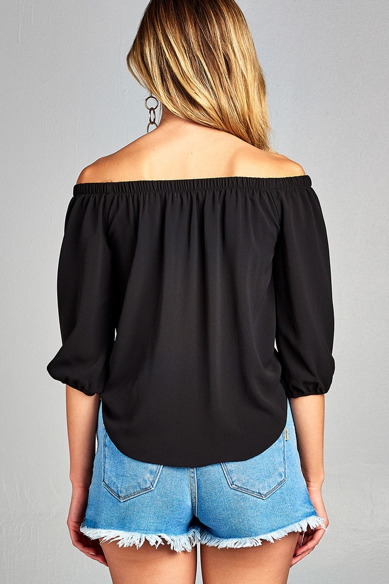 Ladies fashion 3/4 sleeve off the shoulder front self-tie crepe woven top