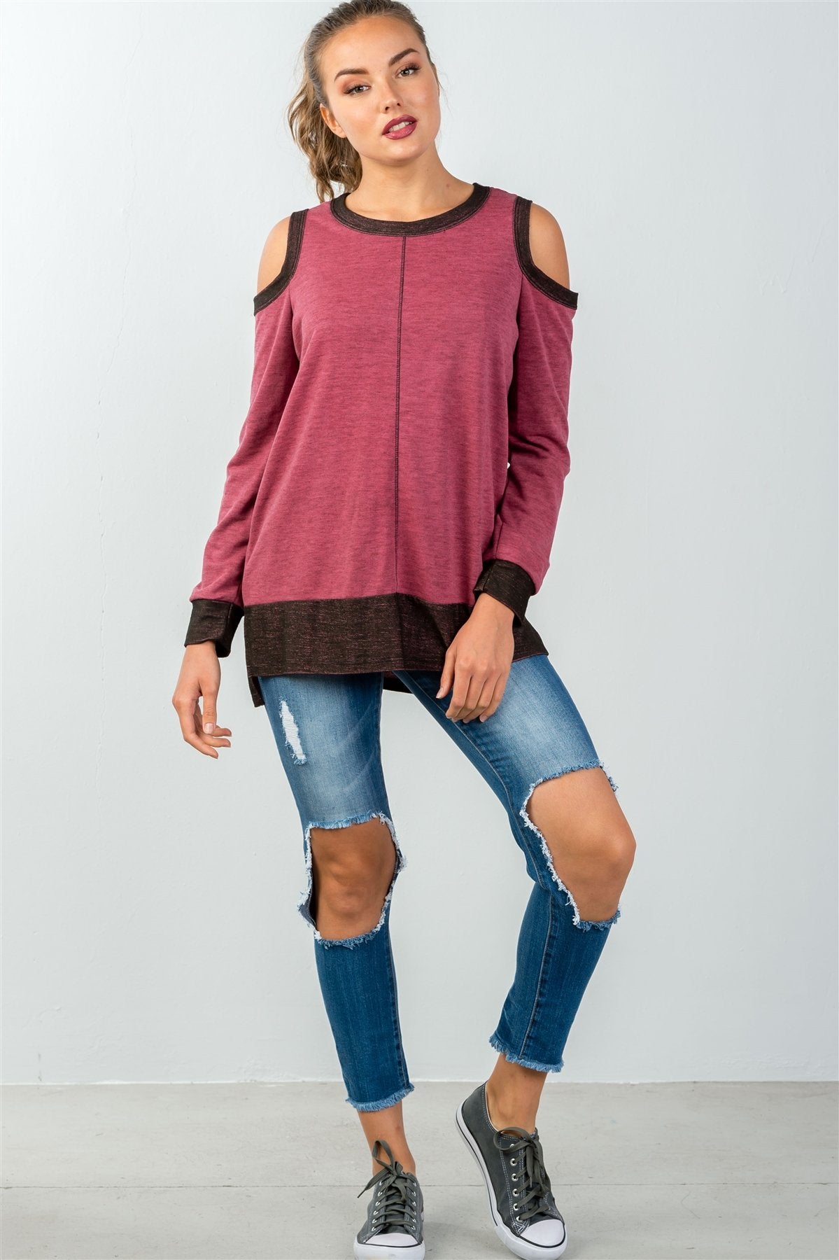 Ladies fashion cold shoulder hi-low colorblock sweatshirt