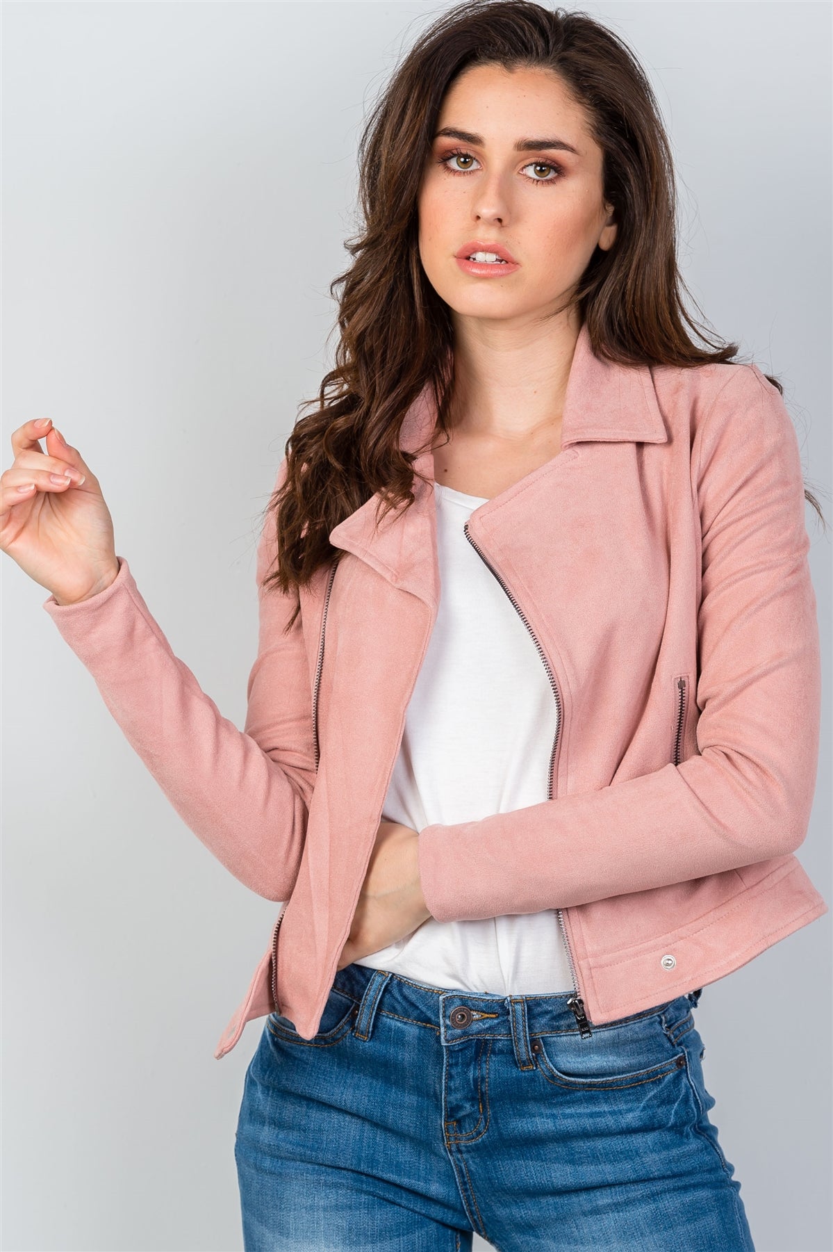 Ladies fashion asymmetric zippered faux suede jacket