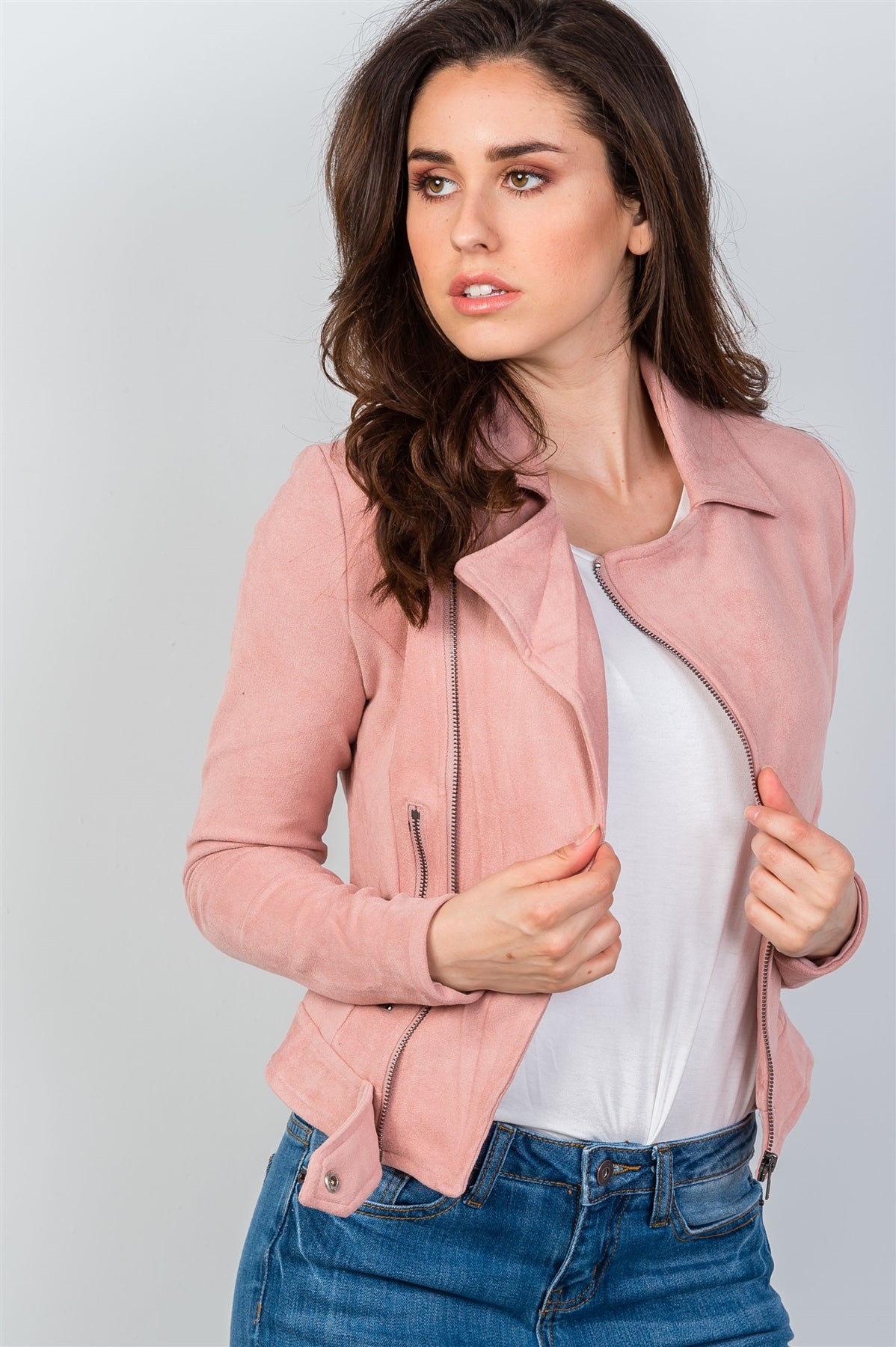 Ladies fashion asymmetric zippered faux suede jacket