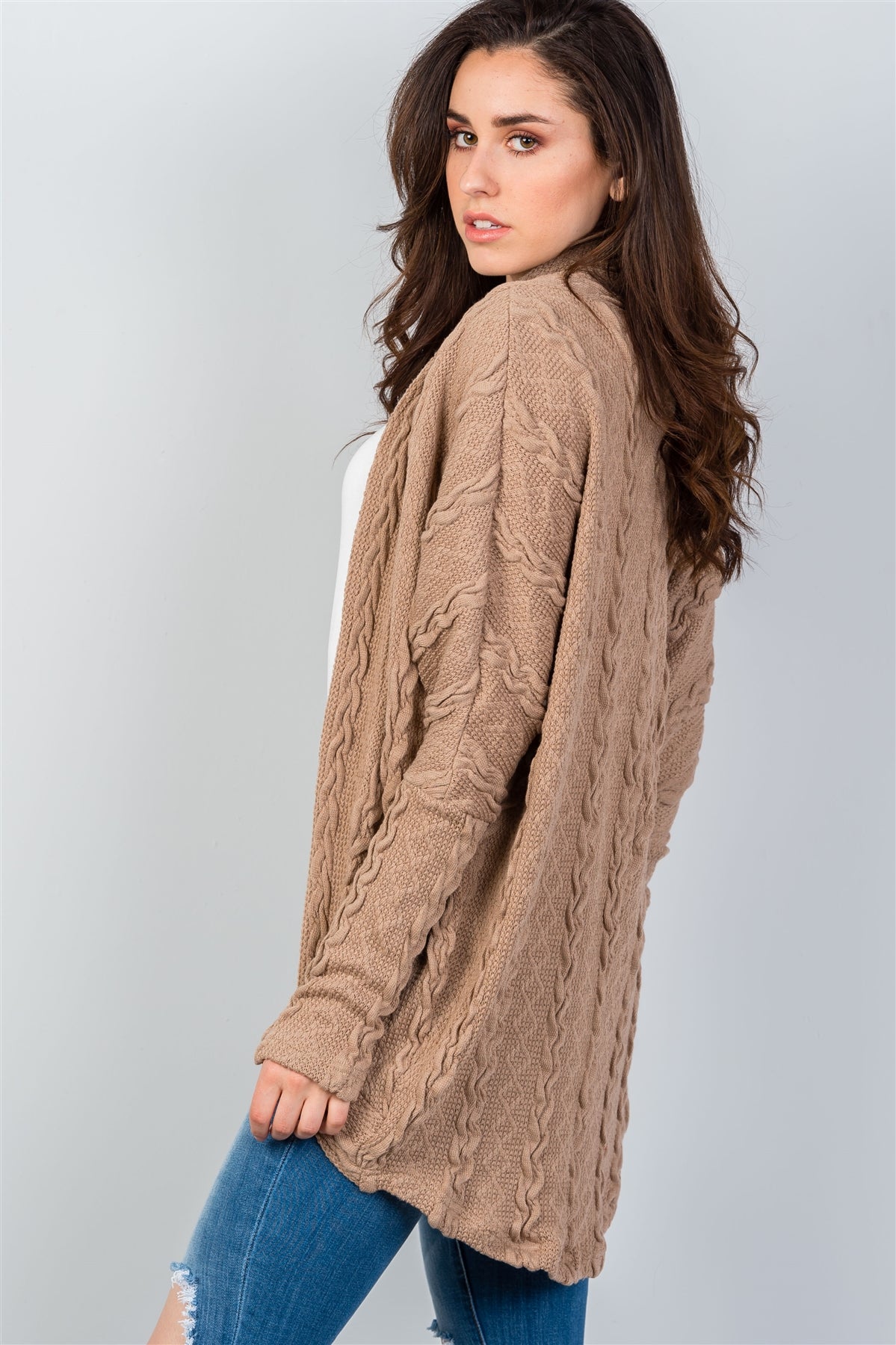 Ladies fashion open front  drop shoulder cable knit cardigan