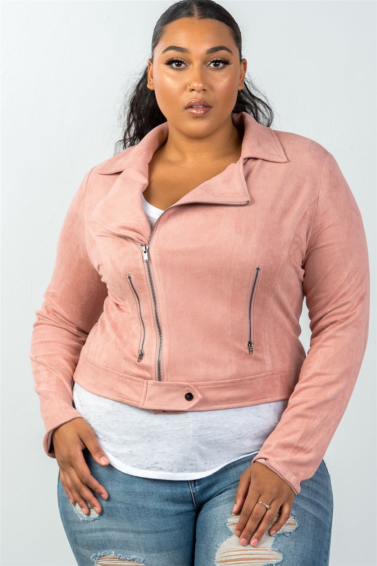 Ladies fashion plus size asymmetric zippered faux suede jacket