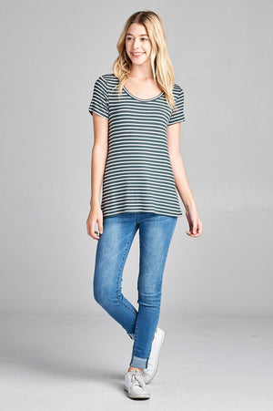 Ladies fashion short sleeve scoop neck stripe rayon spandex top