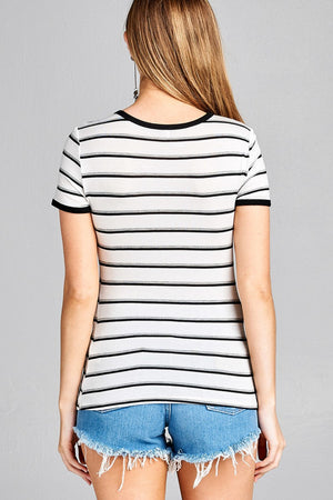 Ladies fashion short sleeve round neck yarn dye stripe rayon spandex jersey top