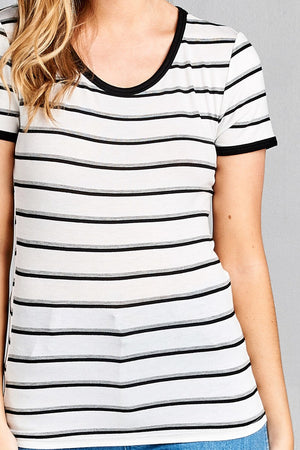 Ladies fashion short sleeve round neck yarn dye stripe rayon spandex jersey top