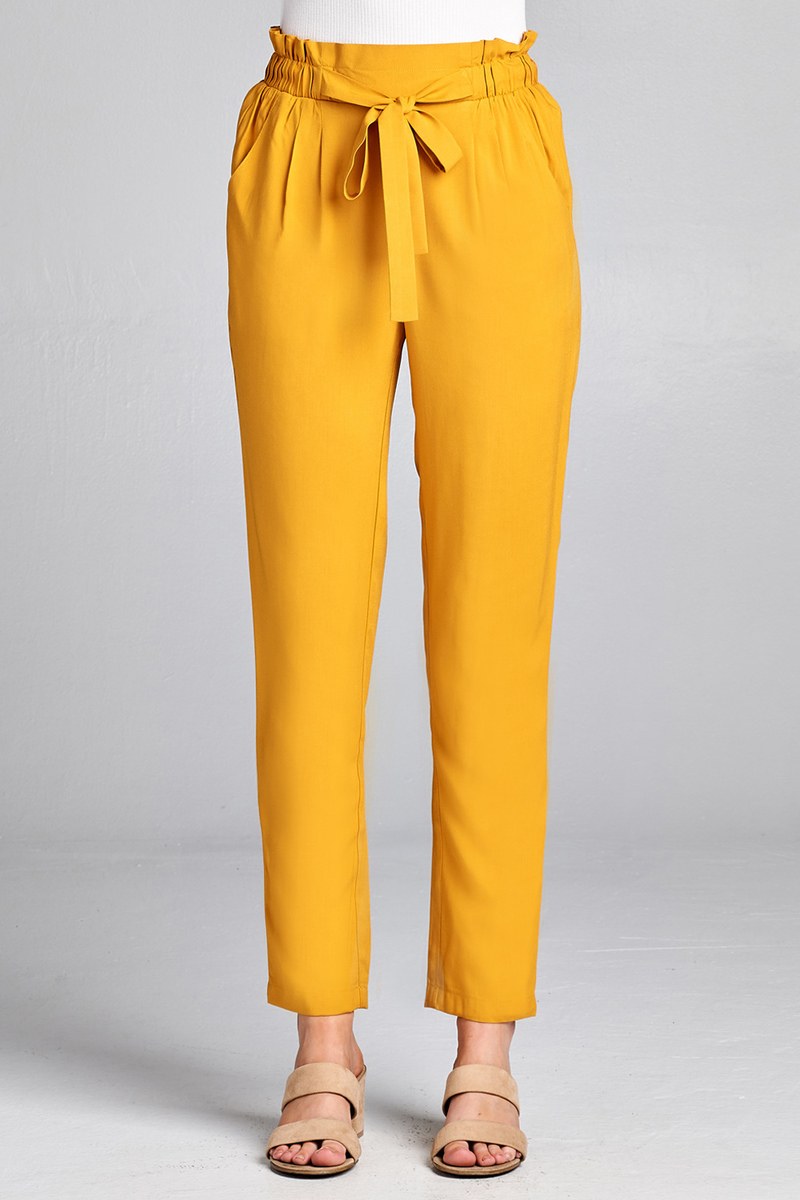 Ladies fashion self ribbon detail long leg woven pants