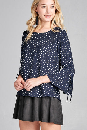 Ladies fashion 3/4 w/bell sleeve round neck dot print crepe woven top