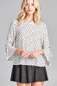 Ladies fashion 3/4 w/bell sleeve round neck dot print crepe woven top