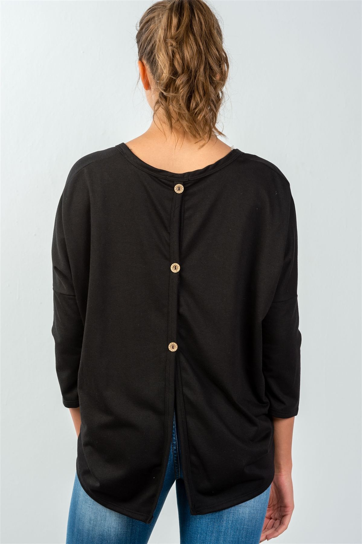 Ladies fashion black button up back long sleeve sweater