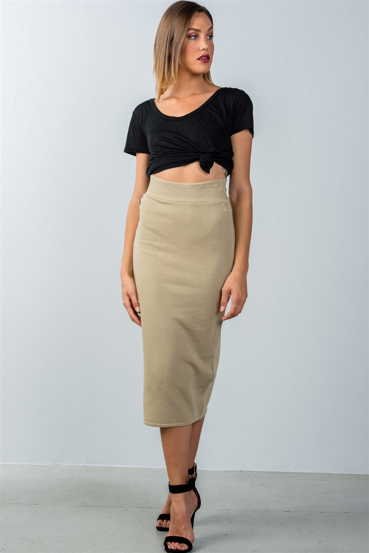 Ladies fashion high waisted ribbed knit midi skirt